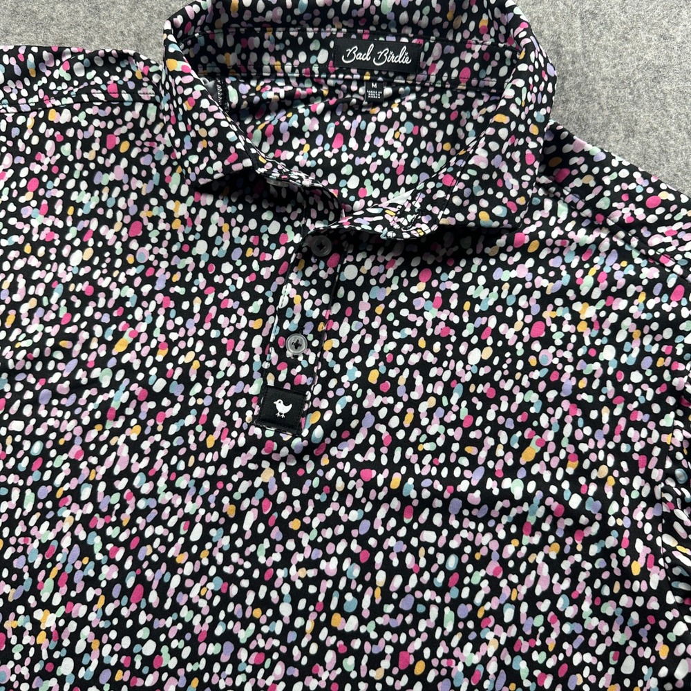 Bad Birdie Golf Polo Mens M Black Multi Abstract Dot Performance Short Sleeve